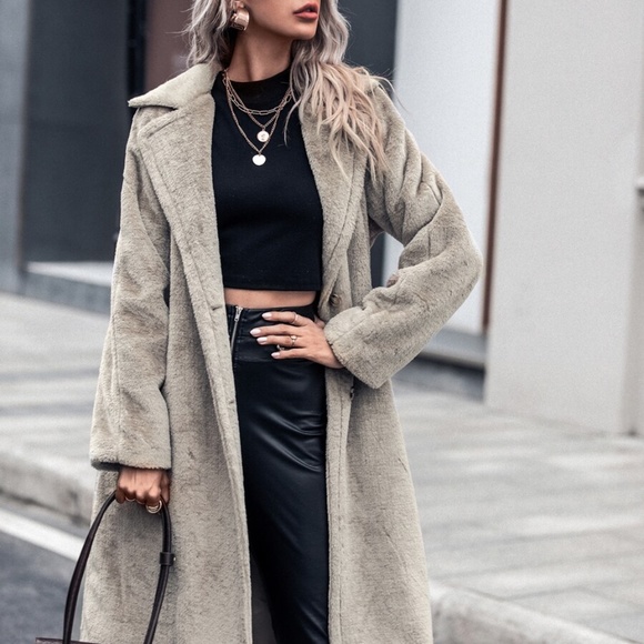 tan button pocket trench coat teddy jacket fall - Picture 6 of 6